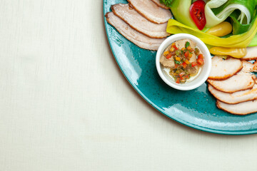 top closer view sliced sausage with vegetables and ham inside plate on white background salad meal food breakfast snack lunch
