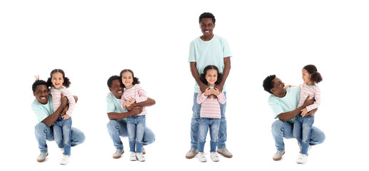 Set of happy African-American father and his little daughter on white background
