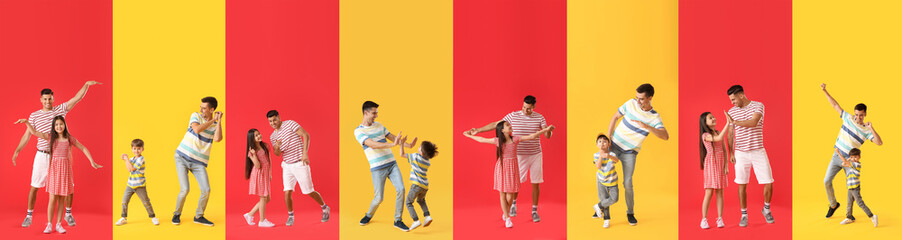 Fototapeta na wymiar Collage of happy fathers and their little children on red and yellow backgrounds