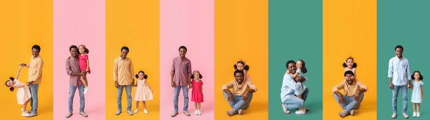 Collage of happy African-American father and his little daughter on color background