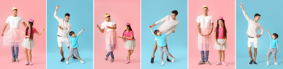 Collage of happy fathers and their little children on blue and pink backgrounds
