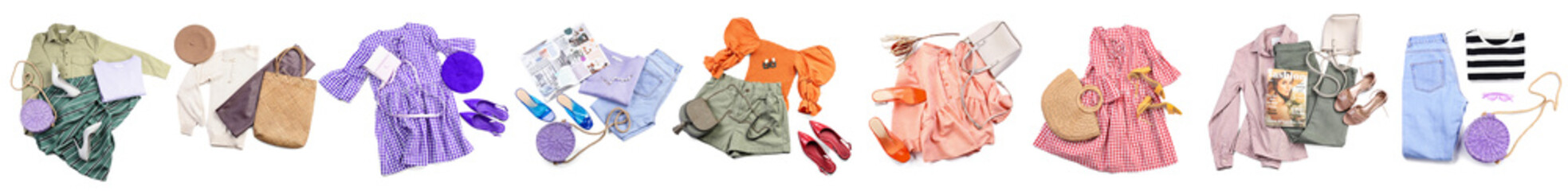 Set of stylish female summer clothes and accessories on white background