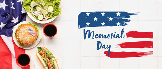 American traditional food, flag and text MEMORIAL DAY on white background