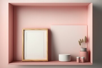 Obraz na płótnie Canvas minimalist pink shelf with decorative items. Generative AI