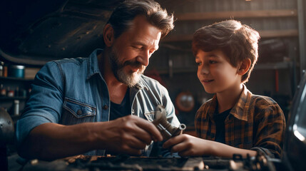 Young Adult Father Teaching His Young Son About Automobile Mechanics in the Garage - Generative AI.