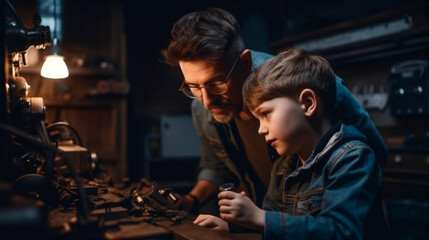 Young Adult Father Teaching His Young Son About Automobile Mechanics in the Garage - Generative AI.