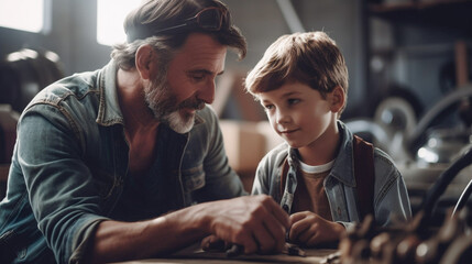 Young Adult Father Teaching His Young Son About Automobile Mechanics in the Garage - Generative AI.
