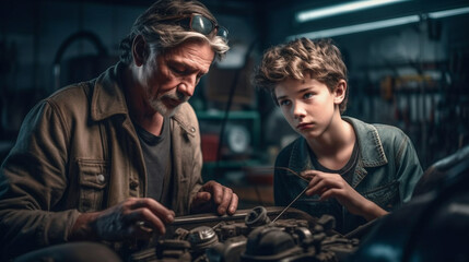 Fototapeta na wymiar Young Adult Father Teaching His Young Son About Automobile Mechanics in the Garage - Generative AI.