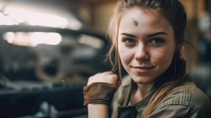 Plakat Young Adult Female Mechanic In The Garage - Generative AI.