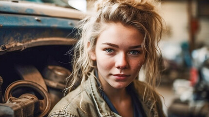 Young Adult Female Mechanic In The Garage - Generative AI.