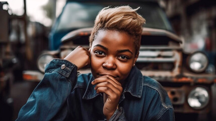 Fototapeta premium Young Adult African American Female Mechanic In The Garage - Generative AI.
