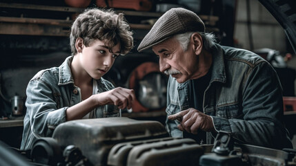 Naklejka na ściany i meble Grandfather Teaching His Young Grandson About Automobile Mechanics in the Garage - Generative AI.