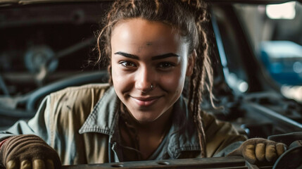 Fototapeta na wymiar Young Adult Female Mechanic In The Garage - Generative AI.