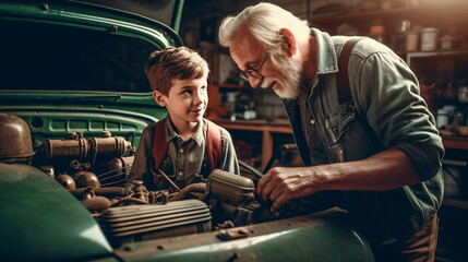 Grandfather Teaching His Young Grandson About Automobile Mechanics in the Garage - Generative AI.