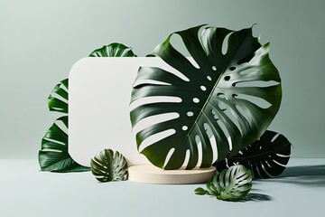 white sign standing next to a large green leaf. Generative AI