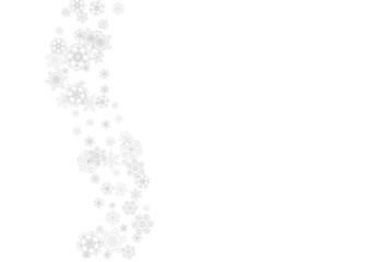 Fototapeta na wymiar Snowflakes falling on white background. Horizontal Christmas and Happy New Year theme. Silver falling snowflakes for banner, gift card, party invitation, partner compliment and special business offers