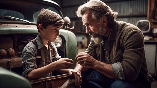 Young Adult Father Teaching His Young Son About Automobile Mechanics in the Garage - Generative AI.