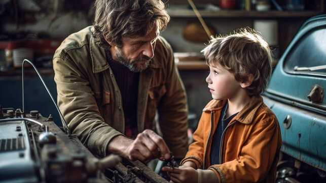 Young Adult Father Teaching His Young Son About Automobile Mechanics in the Garage - Generative AI.