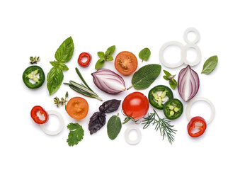 Composition with fresh herbs and vegetables isolated on white background