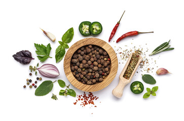 Composition with wooden bowl of peppercorns, herbs and spices on white background