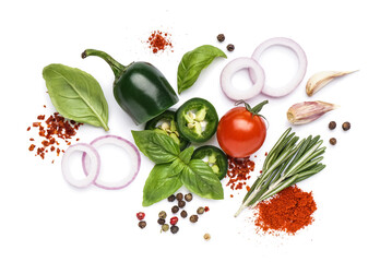 Composition with tasty vegetables, spices and herbs on white background