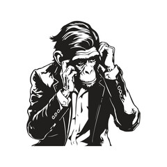 frustrated monkey in business suit, vintage logo concept black and white color, hand drawn illustration