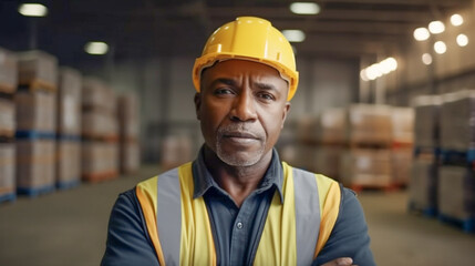 Middle-aged Adult Multiethnic Male Wearing Hard Hat and Safety Vest Standing in Warehouse - Generative AI.
