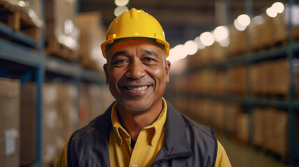 Middle-aged Adult Multiethnic Male Wearing Hard Hat and Safety Vest Standing in Warehouse - Generative AI.