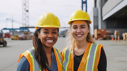 Two Smiling Young Adult Multiethnic Female Workers Wearing Hard Hat and Safety Vest Standing at a Shipping Dock - Generative AI.