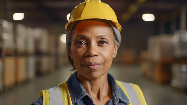 Middle-aged Adult Multiethnic Female Wearing Hard Hat and Safety Vest Standing in Warehouse - Generative AI.