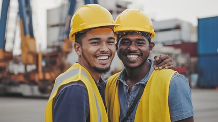 Two Smiling Young Adult Multiethnic Male Workers Wearing Hard Hat and Safety Vest Standing at a Shipping Dock - Generative AI.