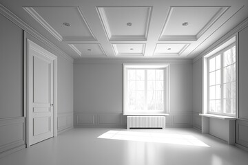 an empty room with natural light coming in from a window and a radiator on the wall. Generative AI
