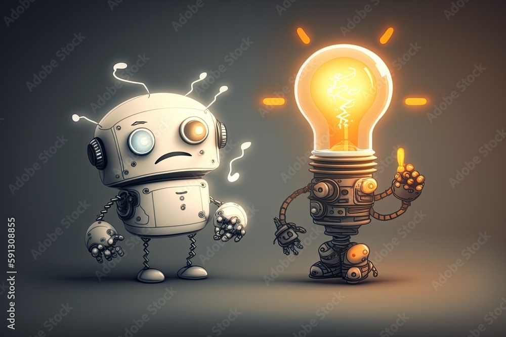 Poster robot and a light bulb standing togethe. generative ai