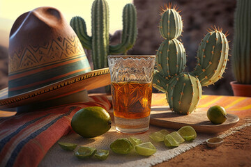 Mexican national holiday Cinco de Mayo. Traditional Mexican hat, tequila, cacti , background of Mexican. Illustration generated AI - obrazy, fototapety, plakaty