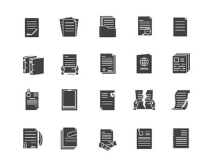 Black documents icon set. Electronic storage and archive. Paperwork at office, contracts. Collection of graphic elements for website. Cartoon flat vector illustrations isolated on white background