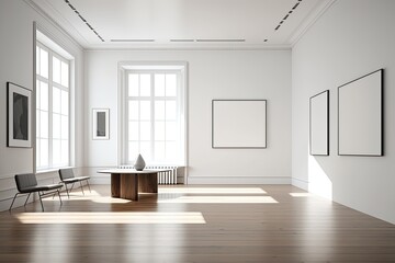 an empty room with a table and chairs. Generative AI