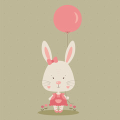 Cute little bunny holding pink air balloon. Printing for invitations, greeting cards, posters