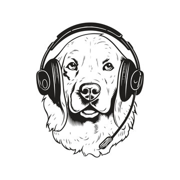 golden retriever wearing headphones, vintage logo concept black and white color, hand drawn illustration