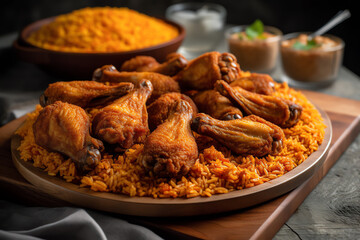 Delicious jollof rice with chicken wings - Generative AI
