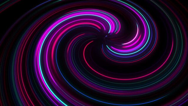 3D rendering abstract twirl stripes digital background. Colorful neon glowing circle animation.