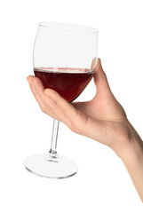 Female hand holding glass of red wine isolated on white background