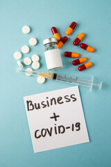 top view antivirus vaccine with pills and notes on blue background virus isolation health pandemic covid- lab disease color