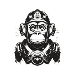 monkey robot, vintage logo concept black and white color, hand drawn illustration
