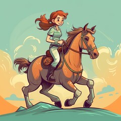 A girl riding on a horse, cartoon illustration with generative ai