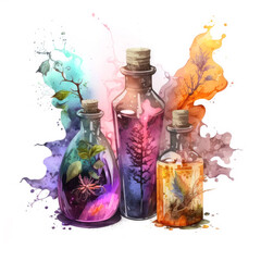 Witch potions colorful watercolor art Generative AI