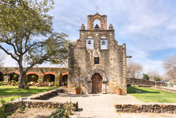 The beautiful stone Mission Espada bathed in sunlight, San Antonio, Texas, a UNESCO World Heritage...