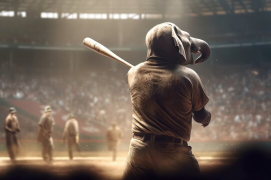 Elephant Baseball Player Hitting Baseball At Night Generative AI