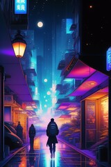illustration of Vintage 90's Anime style environmental neon alleyway at night | lonely man walking down the street | Cyberpunk | Sci-fi