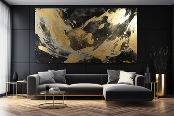 sala com decoração moderna dourada com preto 