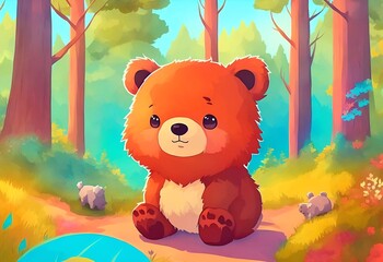 A cartoon bear with green eyes sits on a rock in a field with a colorful landscape., Created with Generative AI Technology